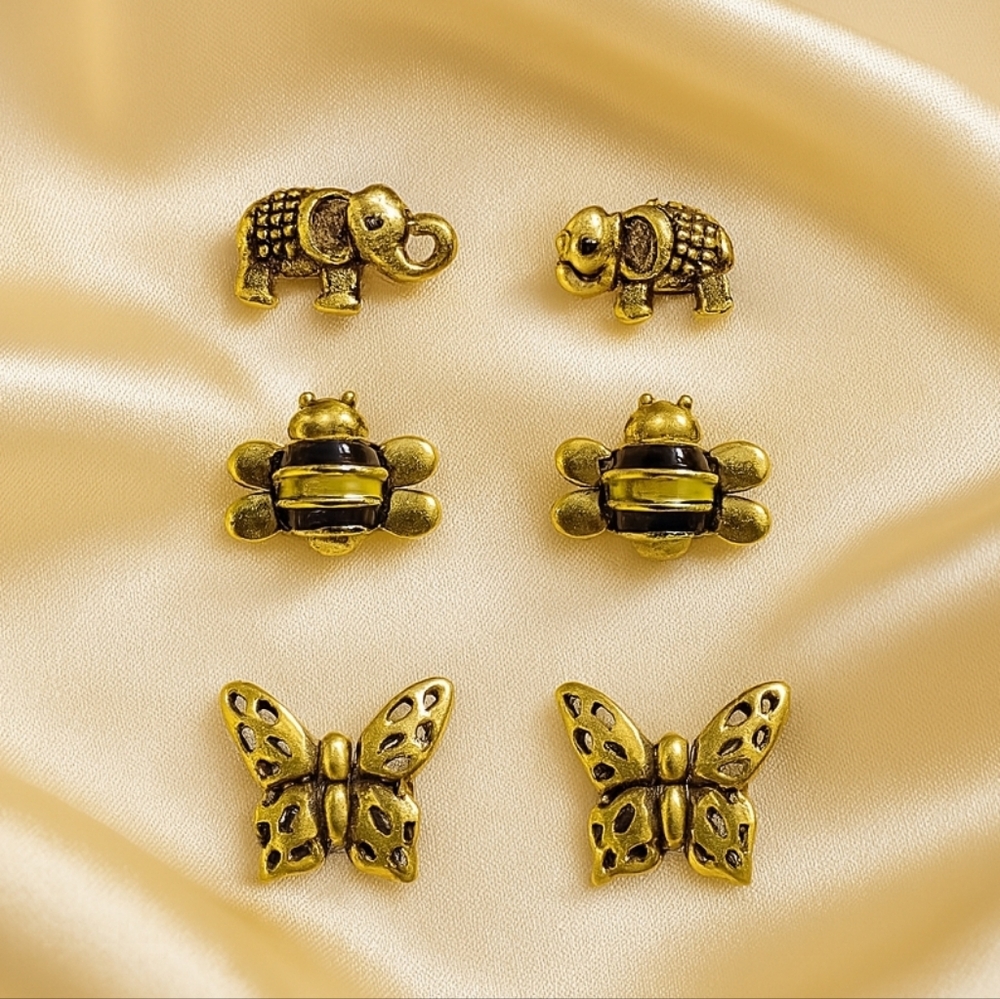 Gold-Tone Bee & Butterfly Stud Earrings Set  Nickel-Free Nature-Inspired Jewelry